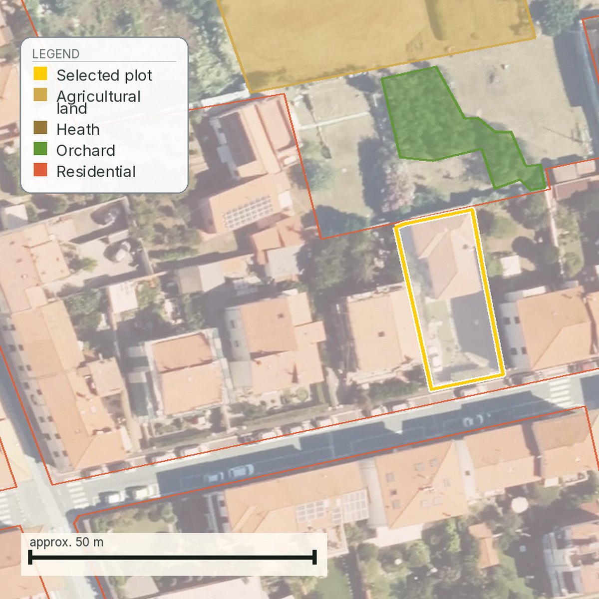 Real extract from the Livorno dossier: aerial image with the cadastral outline of the parcel and the mapped land-use classes around it.