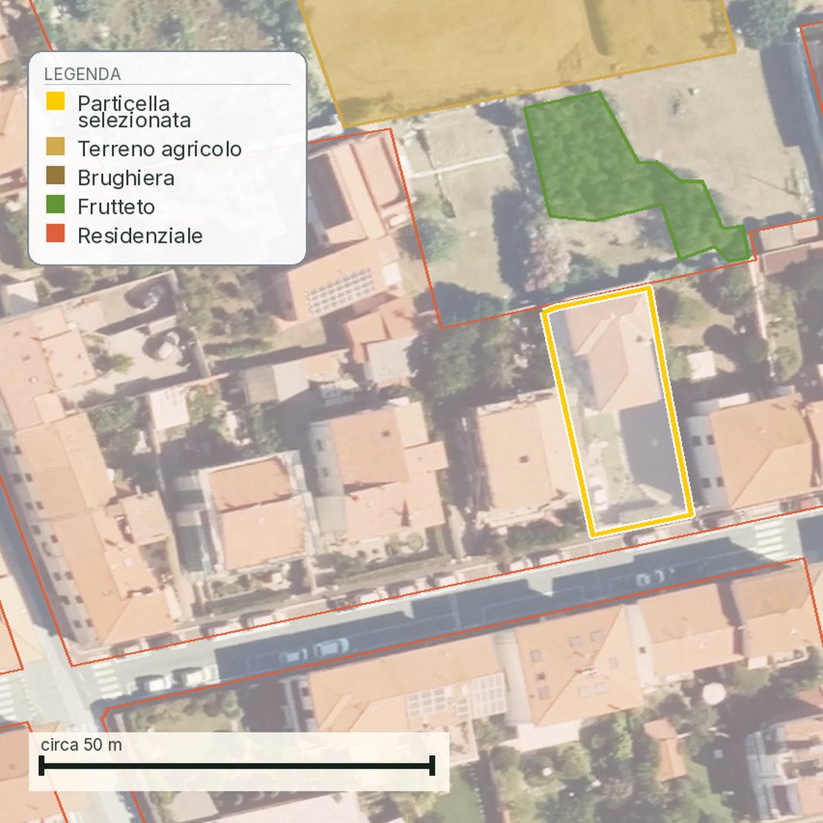 Estratto reale del dossier di Livorno: ortofoto con il perimetro catastale della particella e le classi d’uso del suolo mappate intorno.