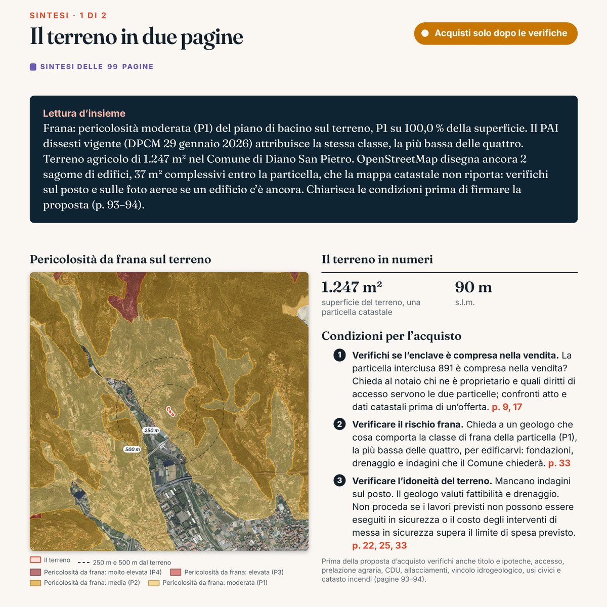 Pagina 2 di 99 del dossier di esempio di Diano San Pietro: la lettura d’insieme, la mappa della pericolosità da frana, il terreno in numeri e le condizioni sul perimetro della vendita, sulla frana e sull’idoneità del terreno.