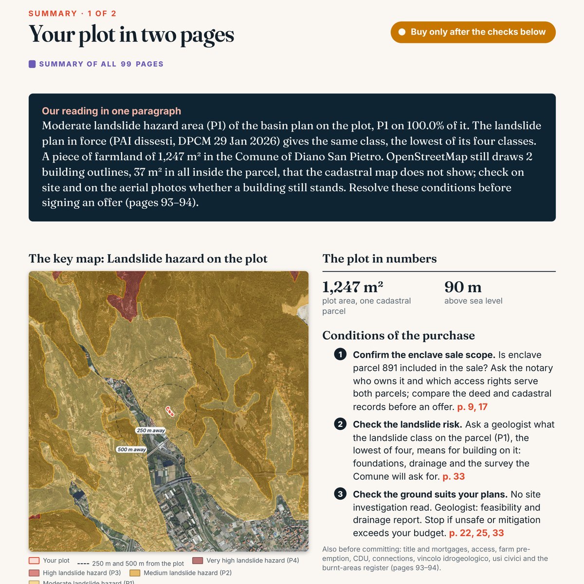 Page 2 of 99 of the sample report for Diano San Pietro: the reading in one paragraph, the landslide hazard map, the plot in numbers and the purchase conditions on the sale boundary, landslide risk and ground suitability.