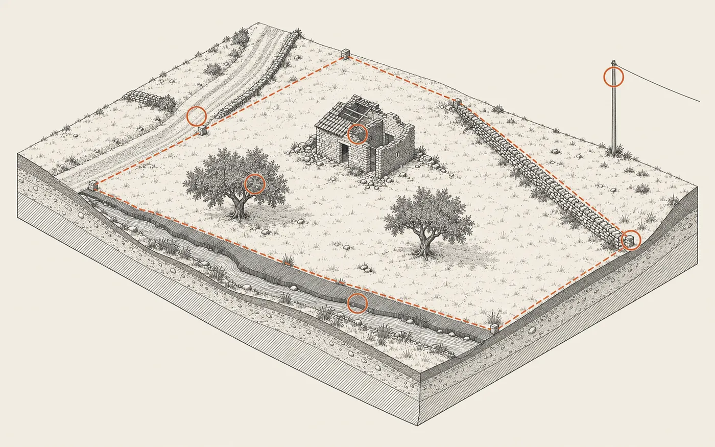 Tavola assonometrica di un terreno rurale con rudere, olivi, muro a secco, strada sterrata fino al confine, margine di un corso d’acqua e palo delle utenze; confine tratteggiato in terracotta.