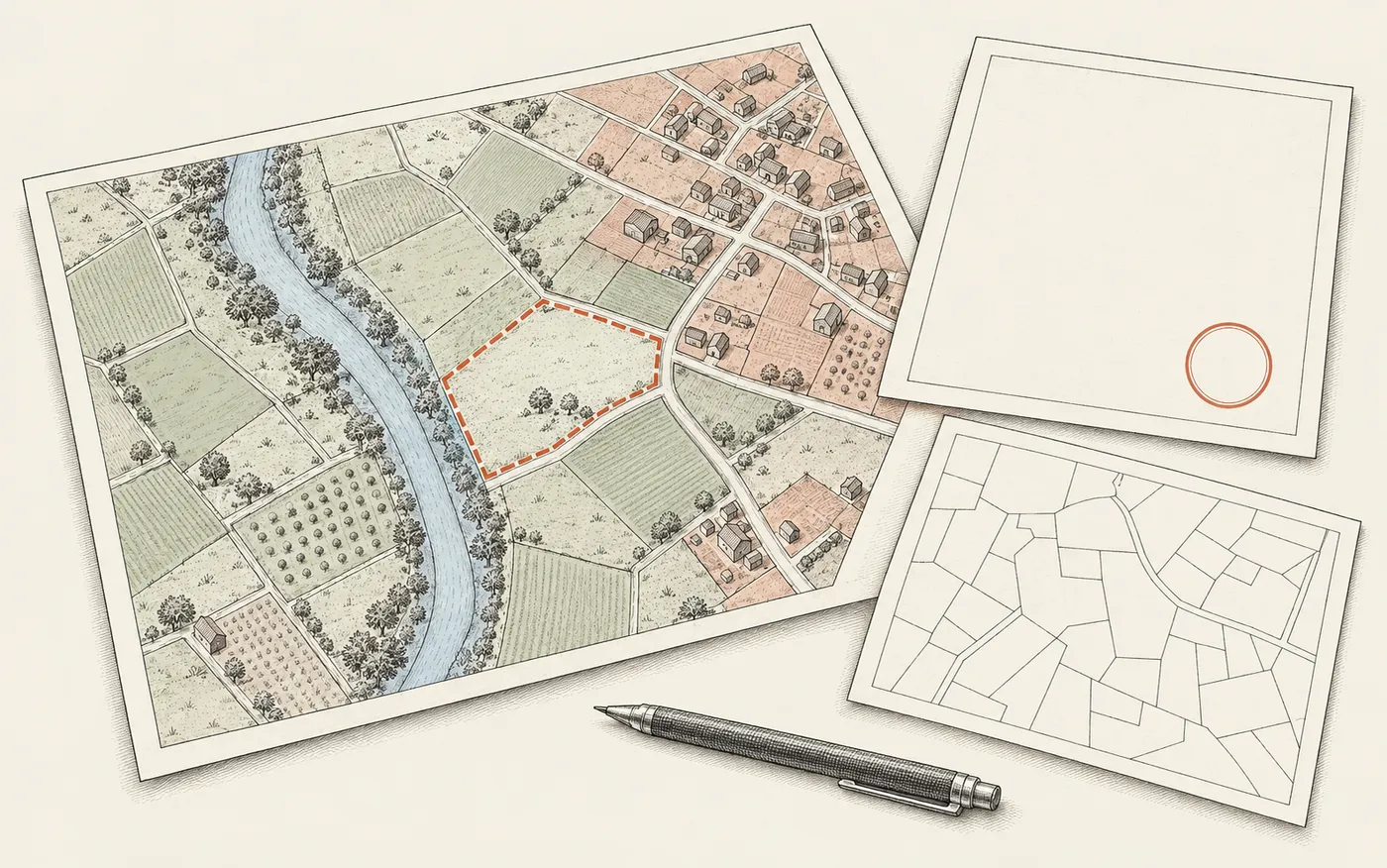 Schema concettuale: tavola urbanistica con particella evidenziata, aree agricole e residenziali, fascia fluviale, certificato simbolico, estratto catastale e penna.