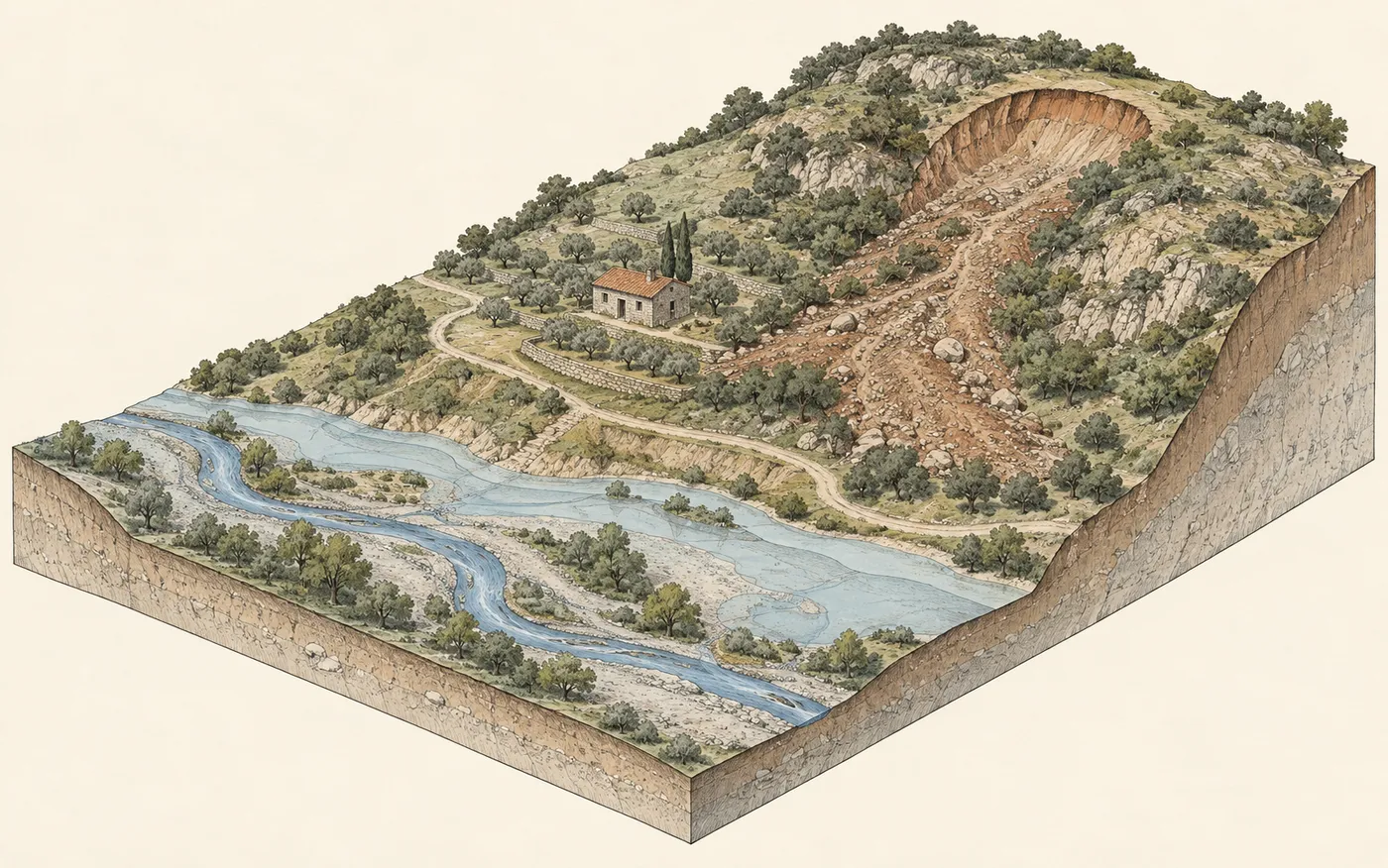 Schema concettuale: terreno in pendio con casa rurale, olivi e pista, torrente nella piana alluvionale azzurra e nicchia di frana con detriti a monte.