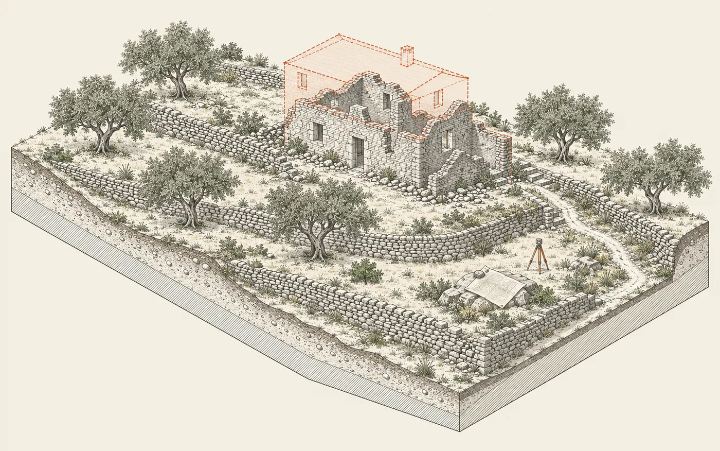 Schema concettuale: rudere in pietra su un versante terrazzato con olivi, muri superstiti pieni e parti perdute tratteggiate, treppiede, foglio di mappa e sentiero.