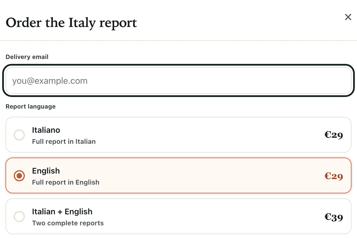The order window with the language choice and the price