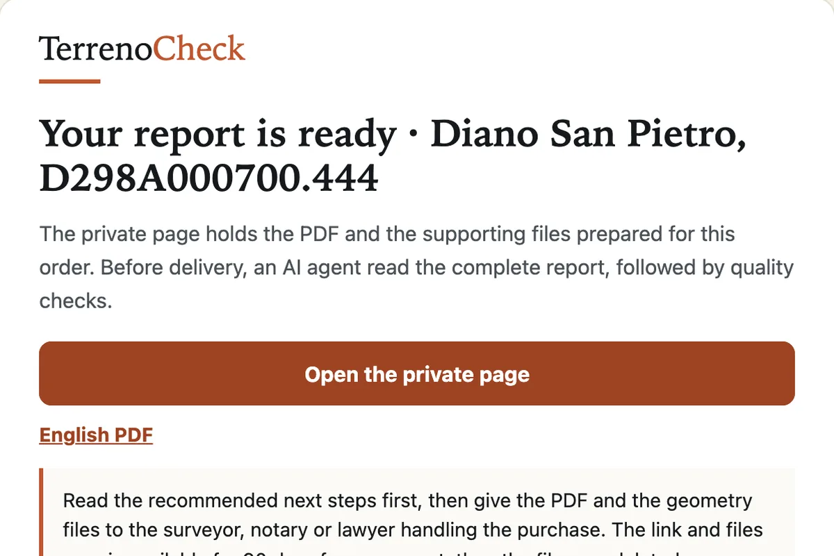 The delivery email with the link to the report’s private page