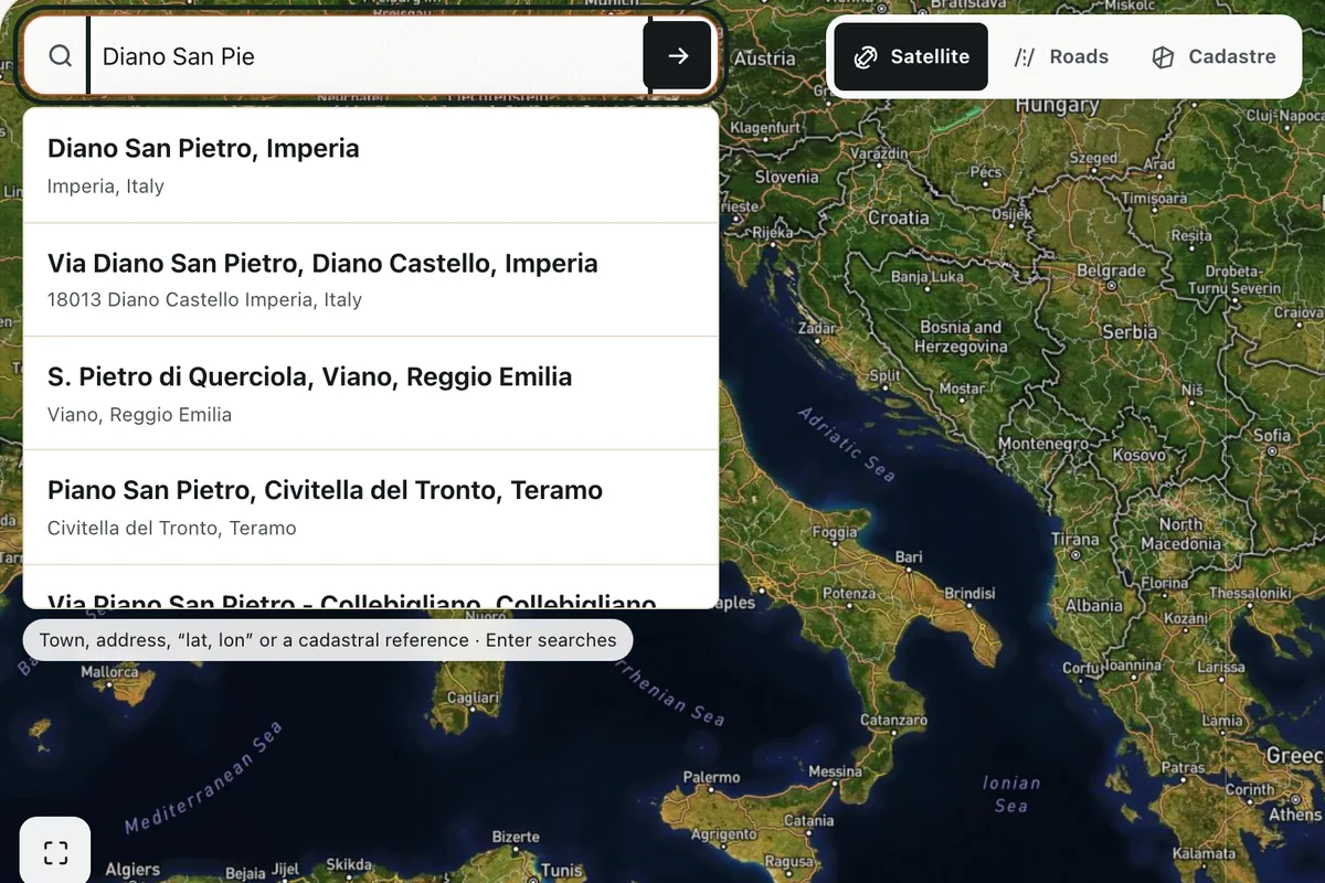 Searching for Diano San Pietro on the TerrenoCheck map