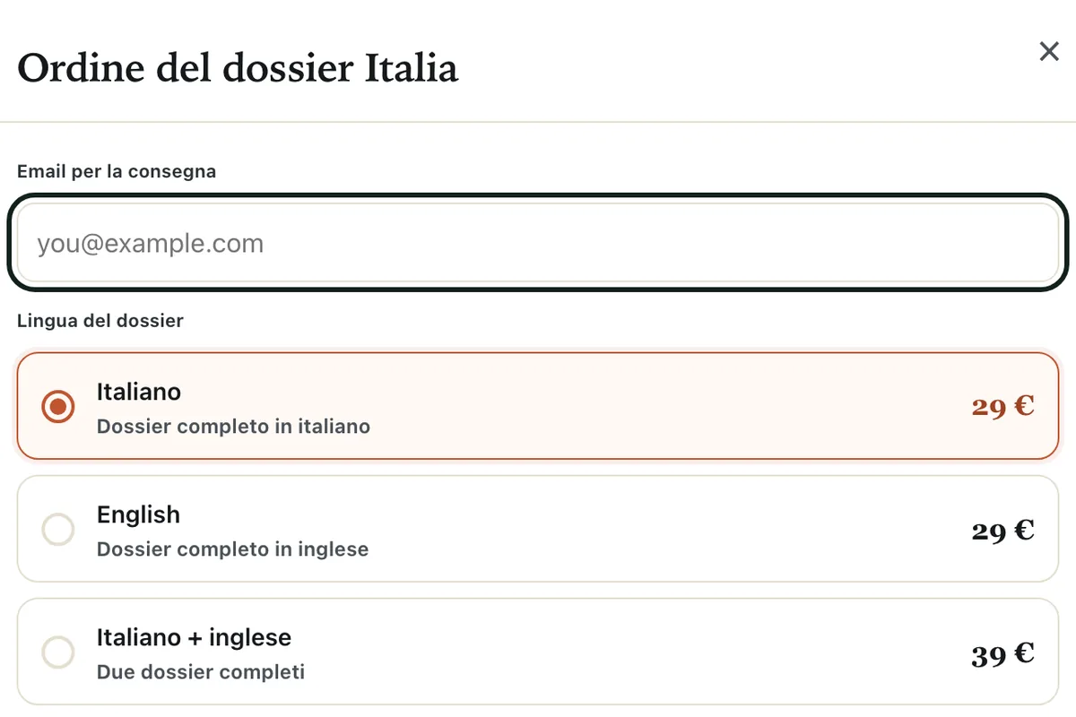 La finestra d’ordine con la scelta della lingua e il prezzo