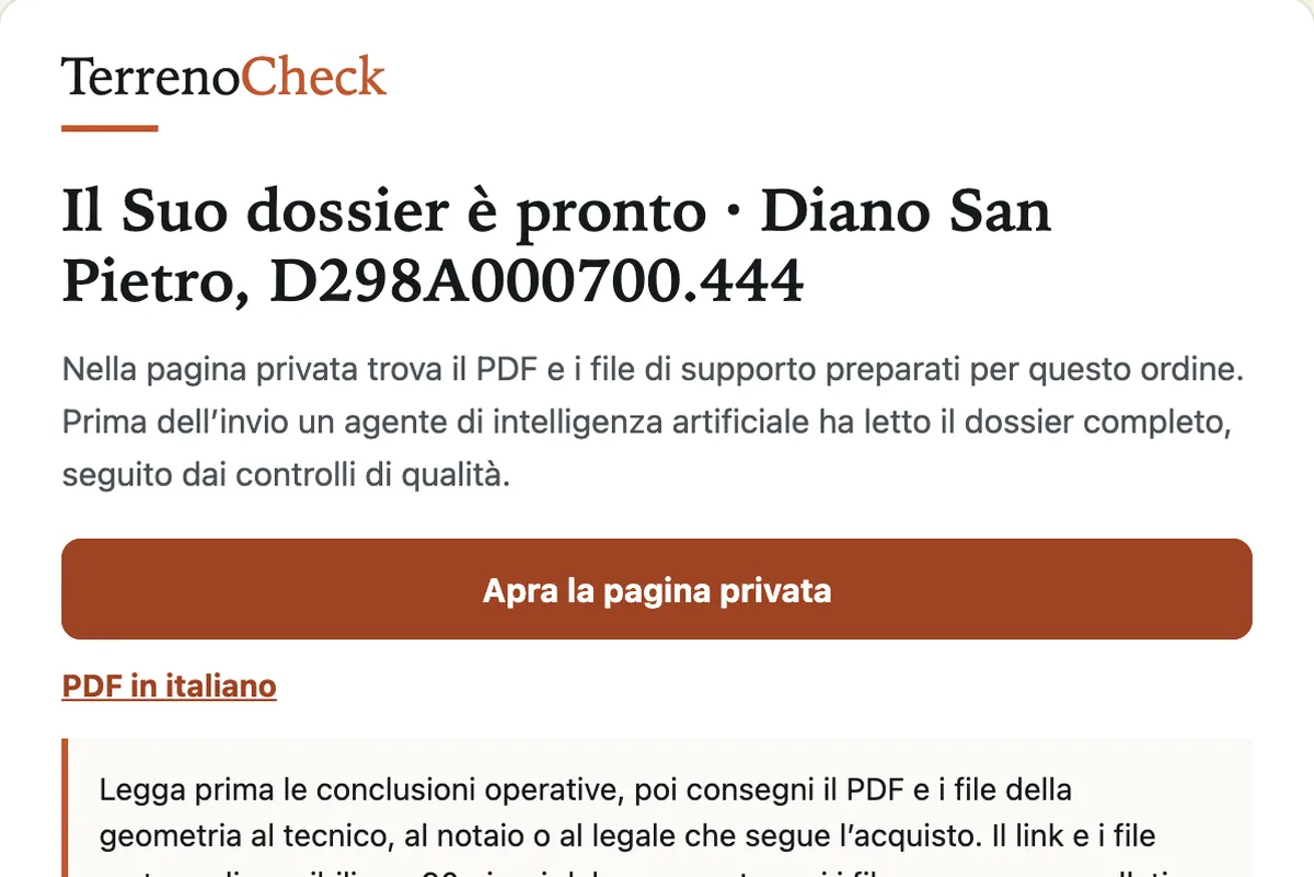 L’email di consegna con il link alla pagina privata del dossier