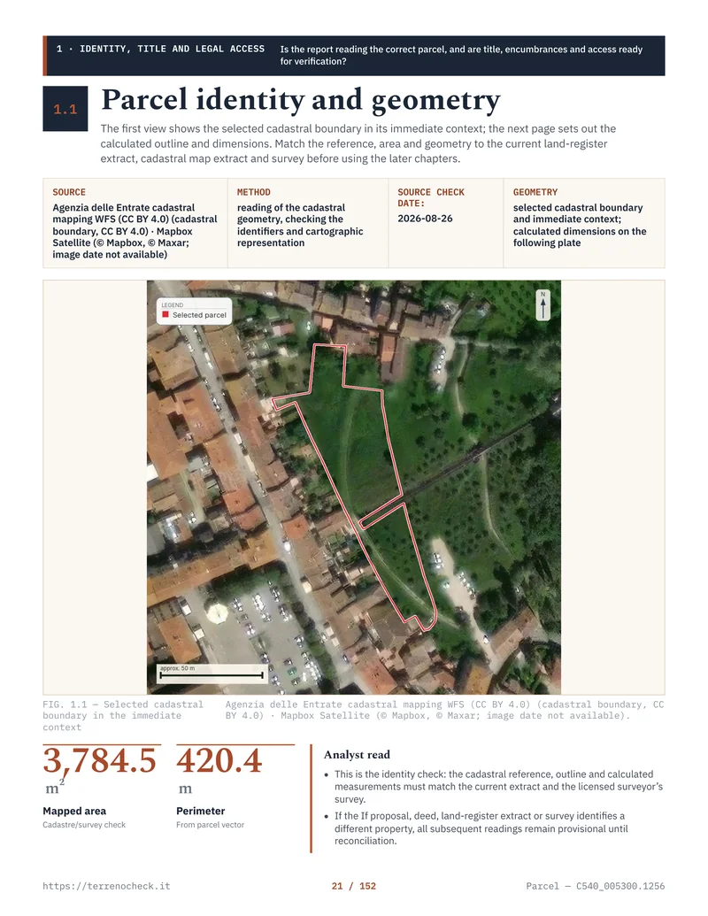 The Certaldo parcel with its cadastral geometry and identity