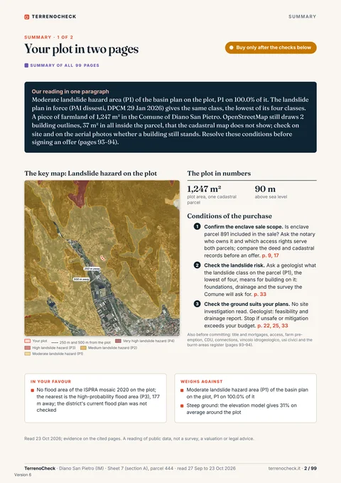 Page 2 of 99, Your plot in two pages: The reading in one paragraph, the landslide hazard map, the plot in numbers and the purchase conditions: sale boundary, landslide risk and ground suitability.