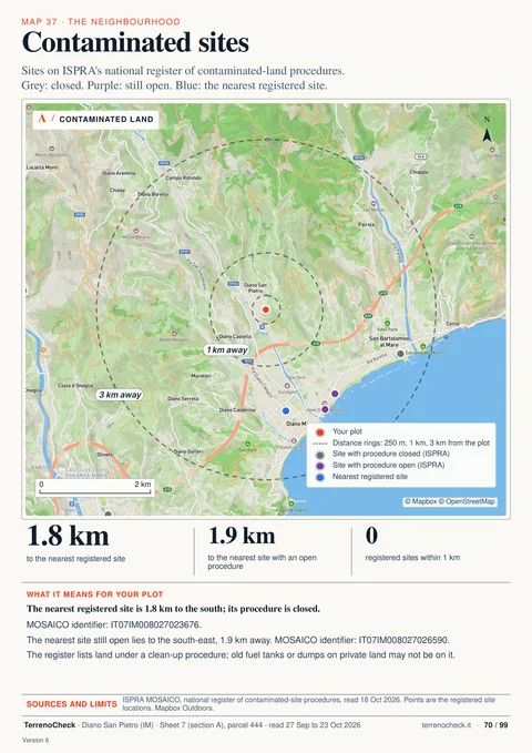 Page 70 of 99, Contaminated sites: No registered site within 1 km. The nearest is 1.8 km away with its procedure closed; the nearest with an open procedure is 1.9 km away.