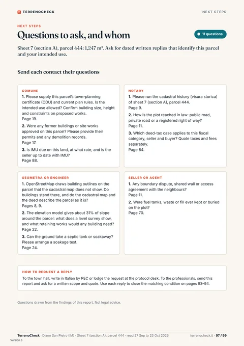 Page 97 of 99, Questions to ask, and whom: 11 questions for the Comune, notary, geometra or engineer and seller, each with the page it comes from.