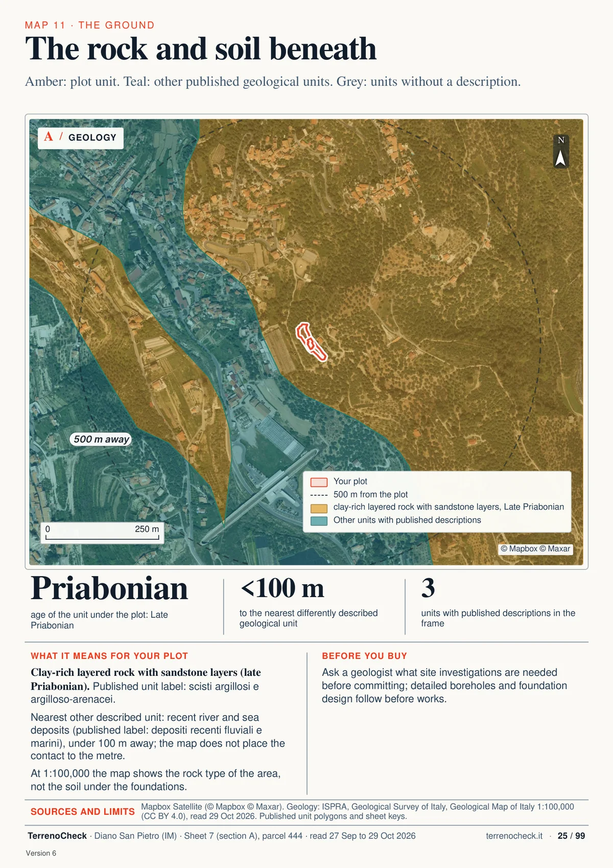 Page 25 of 99 of the sample report: The rock and soil beneath. Clay-rich layered rock with sandstone layers, late Priabonian; another described unit is under 100 m away, without metre-level precision.