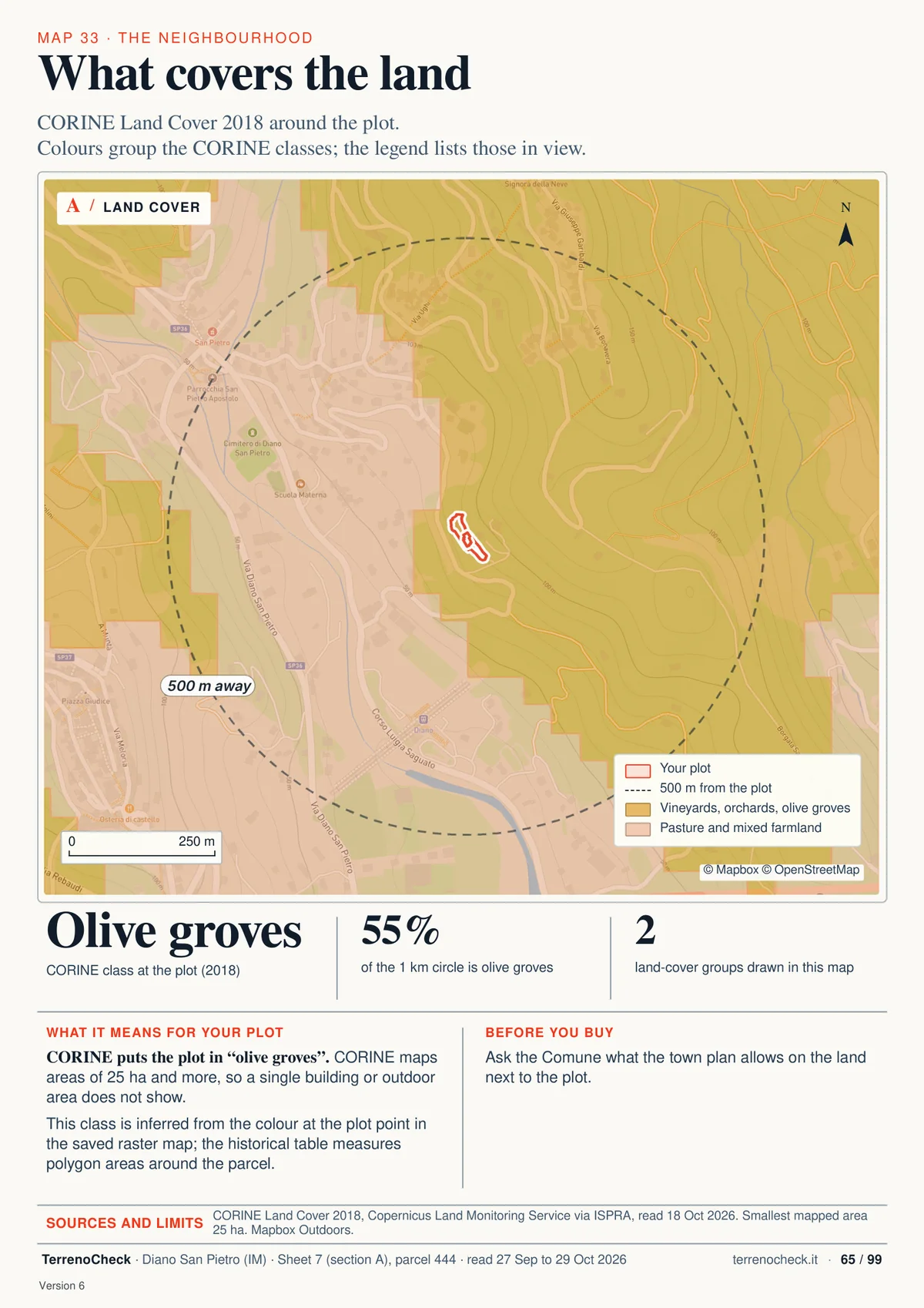 Page 65 of 99 of the sample report: What covers the land. CORINE 2018 puts the plot in olive groves, like 55% of the 1 km circle.