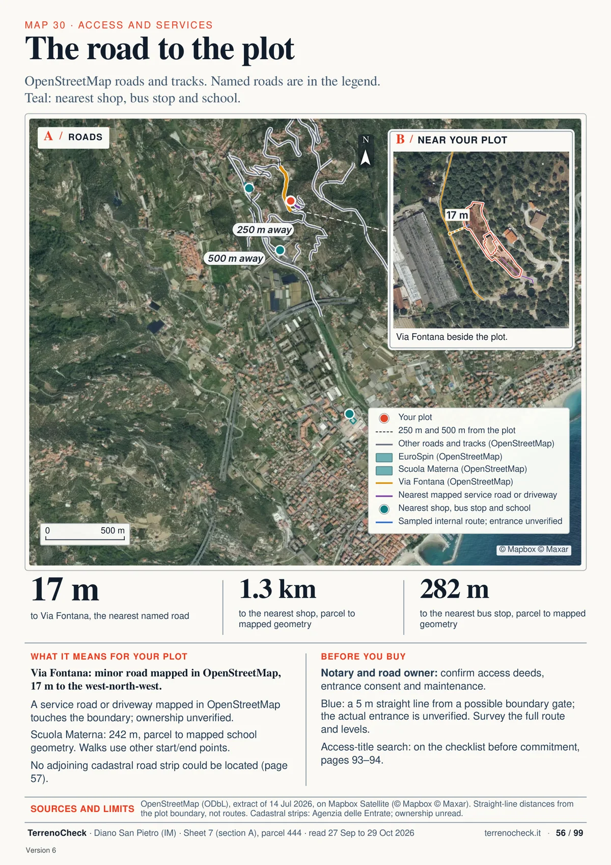 Page 56 of 99 of the sample report: The road to the plot. Via Fontana runs 17 m from the boundary; driveway ownership and access rights remain unverified.