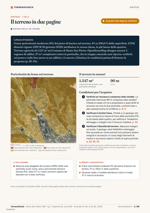 Pagina 2 di 99, Il terreno in due pagine: La lettura d’insieme, la mappa della pericolosità da frana, il terreno in numeri e le condizioni per l’acquisto: perimetro della vendita, frana e idoneità del terreno.