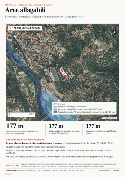 Pagina 31 di 99, Aree allagabili: Nessuna area allagabile rappresentata interessa la particella; la più vicina, in classe P3, è a 177 m.