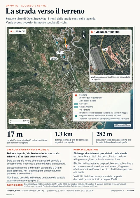 Pagina 56 di 99, La strada verso il terreno: Via Fontana passa a 17 m dal confine; la fermata dell’autobus è a 282 m e il negozio più vicino a 1,3 km, in linea d’aria.