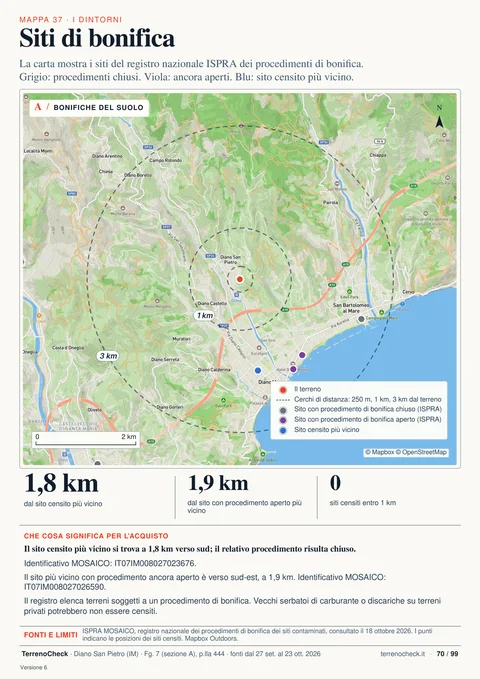 Pagina 70 di 99, Siti di bonifica: Nessun sito censito entro 1 km. Il più vicino è a 1,8 km e ha il procedimento chiuso; il più vicino con procedimento aperto è a 1,9 km.