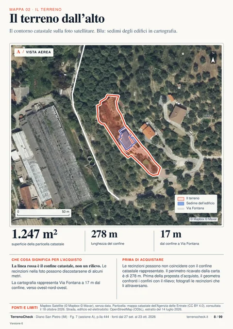 Pagina 8 di 99, Il terreno dall’alto: Il contorno catastale sulla foto satellitare: 1.247 m², 278 m di confine, Via Fontana a 17 m verso ovest-nord-ovest.