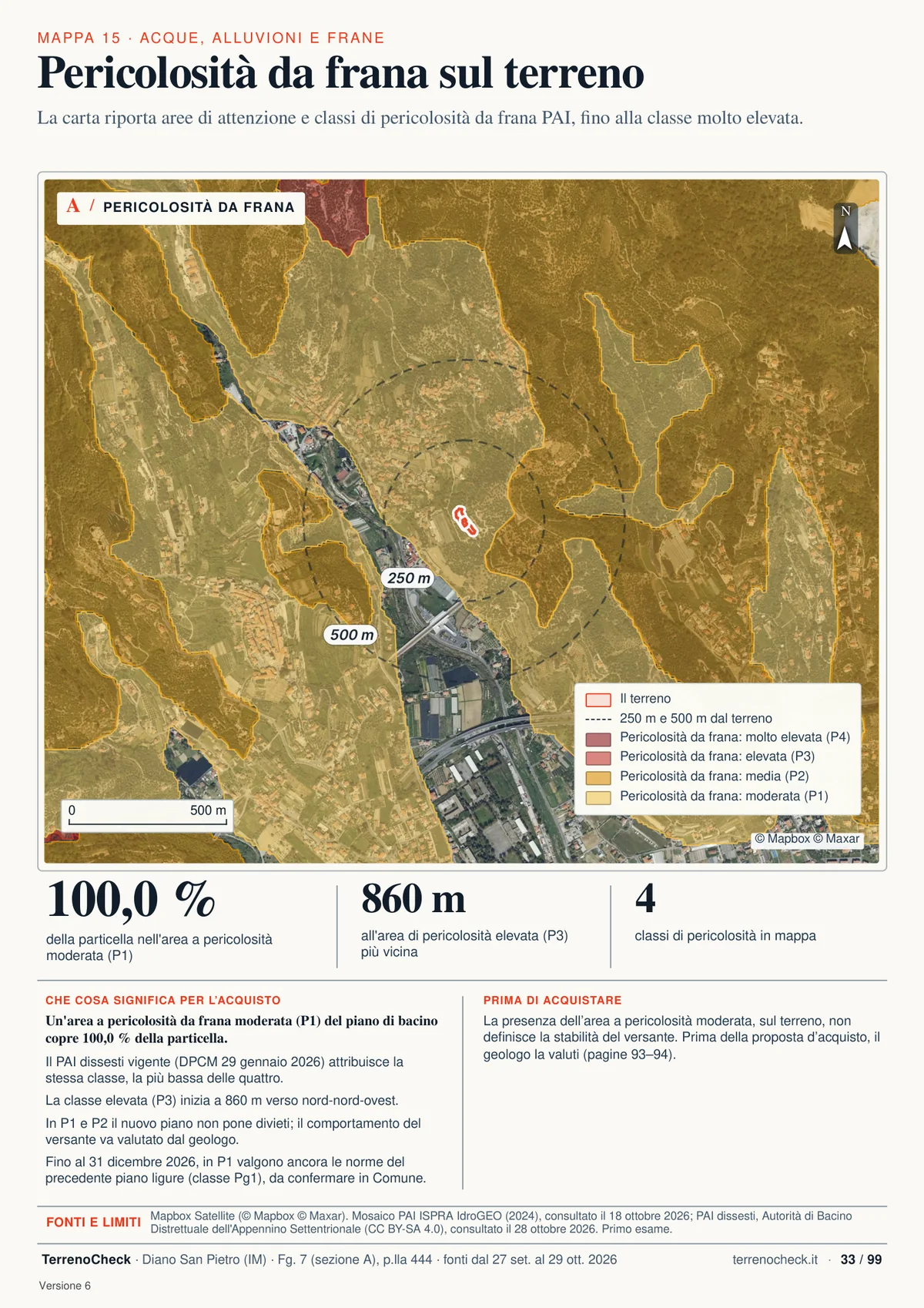 Pagina 33 di 99 del dossier di esempio: Pericolosità da frana sul terreno. Un’area a pericolosità moderata (P1) copre il 100,0% della particella; la classe P3 inizia a 860 m.