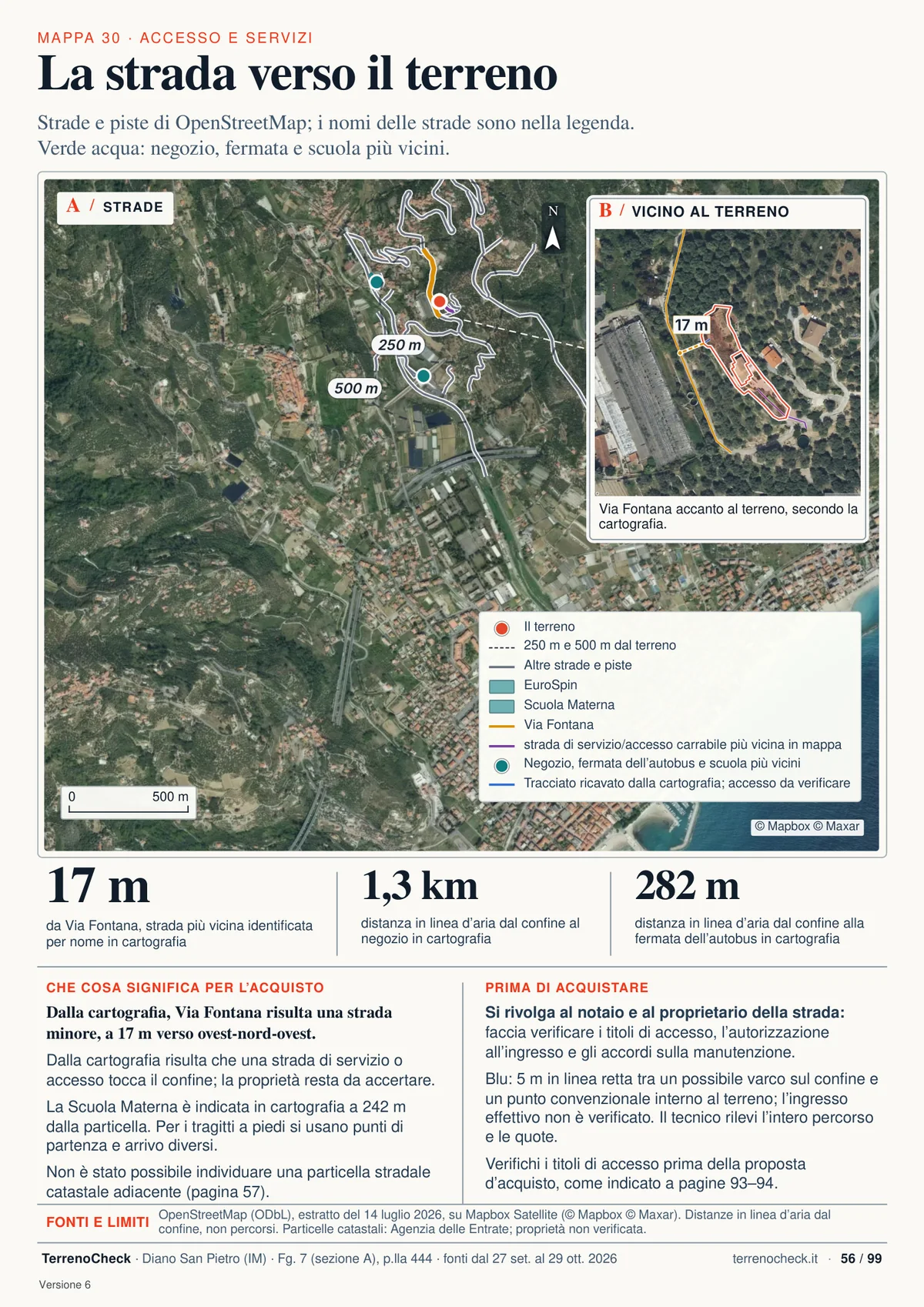 Pagina 56 di 99 del dossier di esempio: La strada verso il terreno. Via Fontana passa a 17 m dal confine; proprietà del vialetto e titoli d’accesso restano da verificare.