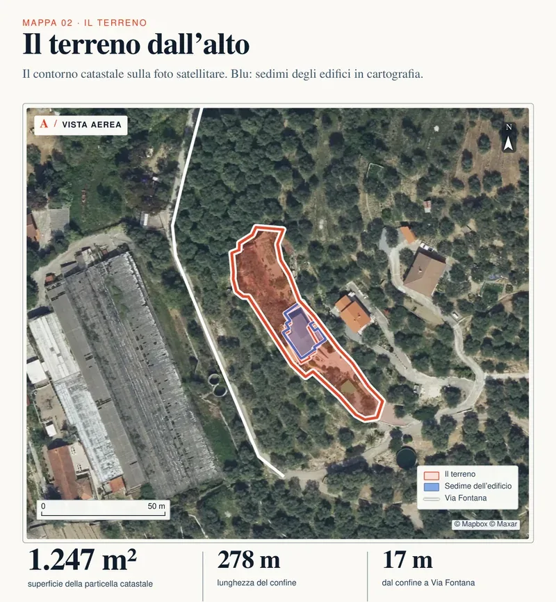 Pagina 8 di 99 del dossier di esempio: il perimetro catastale sulla foto satellitare, 1.247 m², 278 m di confine e Via Fontana a 17 m.