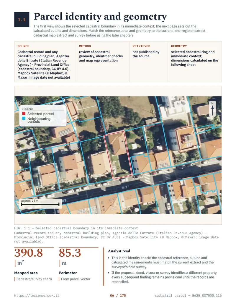 Page from the Livorno dossier showing the parcel boundary, cadastral reference and calculated measurements.
