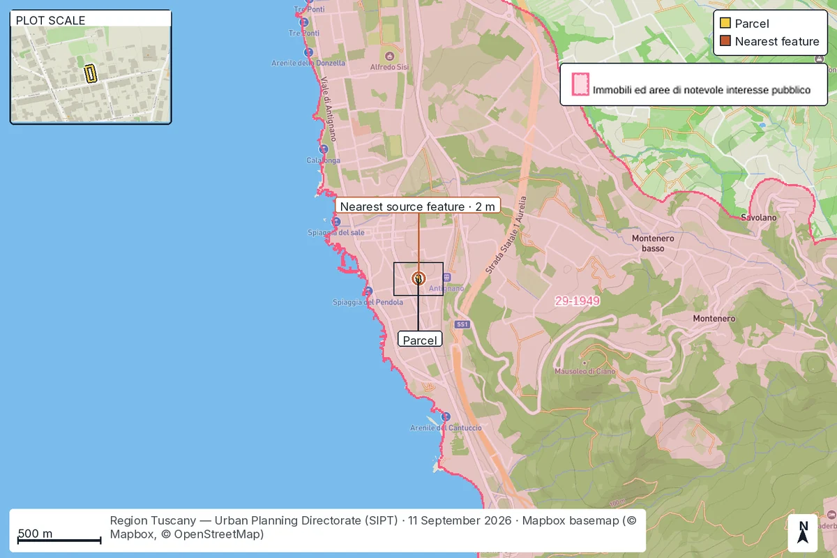 Map of Livorno: landscape protection around the parcel.