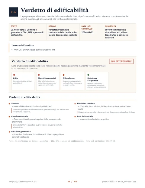 Pagina 19 del dossier di Livorno E625_007000.116: il verdetto di edificabilità, che resta non determinabile finché mancano gli atti comunali.