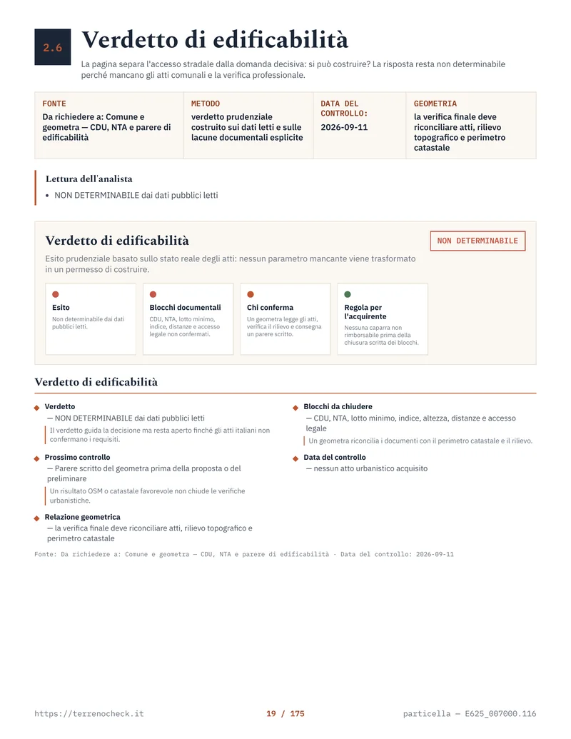 Pagina 19 del dossier di Livorno: il verdetto di edificabilità resta NON DETERMINABILE, con i blocchi documentali da chiudere e chi li conferma.