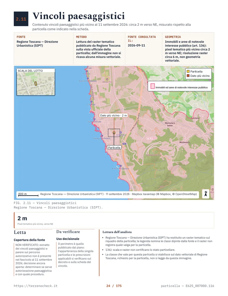 Pagina 24 del dossier di Livorno: la vista di Regione Toscana (SIPT) colloca il dato paesaggistico più vicino a circa 2 m dal confine, con risoluzione del raster di circa 6 m.